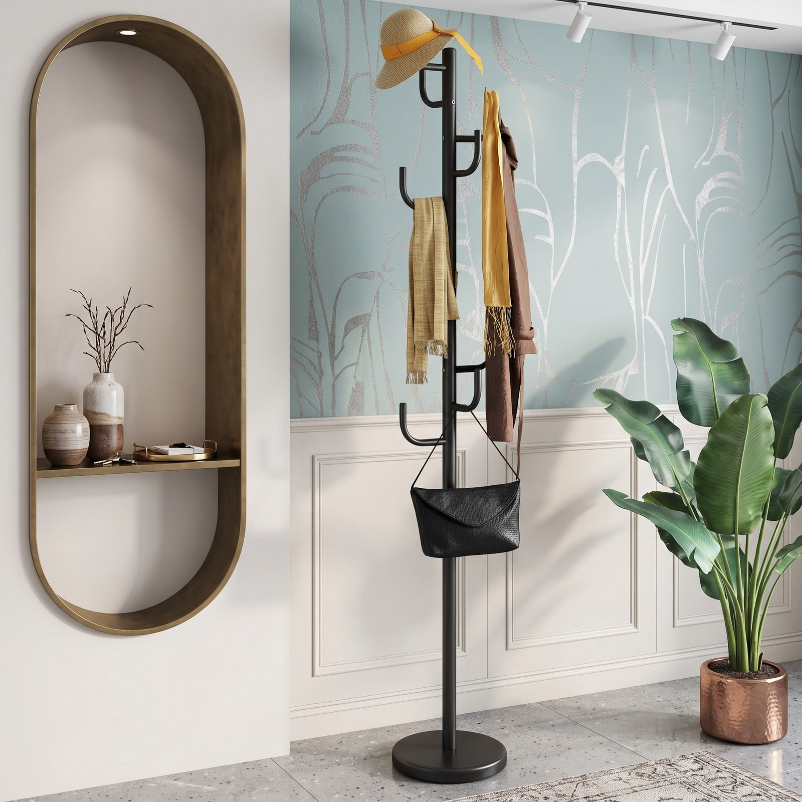Furnibear Freestanding Coat and Hat Rack Stand with 8 Sturdy Hooks and Weighted Round Metal Base for Entryway and Bedroom, Black