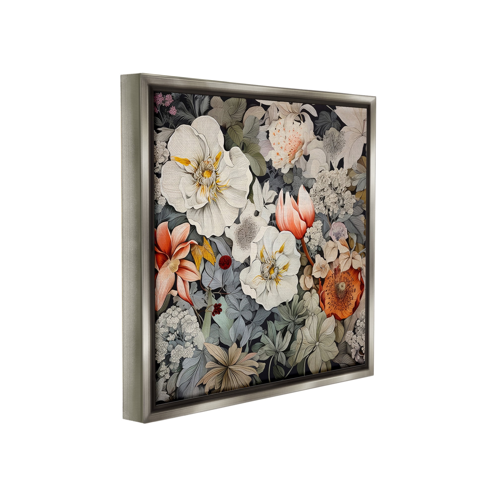 Stupell Industries Vintage Blossom Pattern Botanical & Floral Painting Gray Floater Framed Canvas Art Print Wall Art, 18 x 18