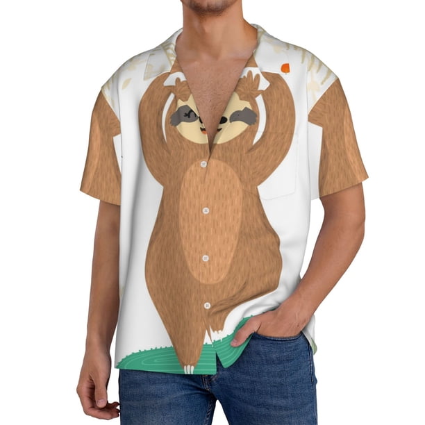 Balery Cute Sloth In Yoga Pose Tree Camisa Casual de Manga Corta con Botones para Hombre, Texturizada, Estilo Cubano, para Playa, Verano-Large
