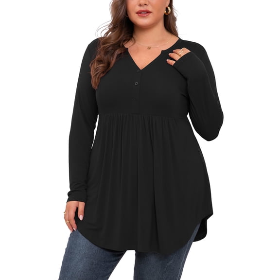 PINKSIR Plus Size Henley Shirts for Women V Neck Button Long Sleeve Flowy Tunic Tops Curved Hem Fall Blouse Black 2X