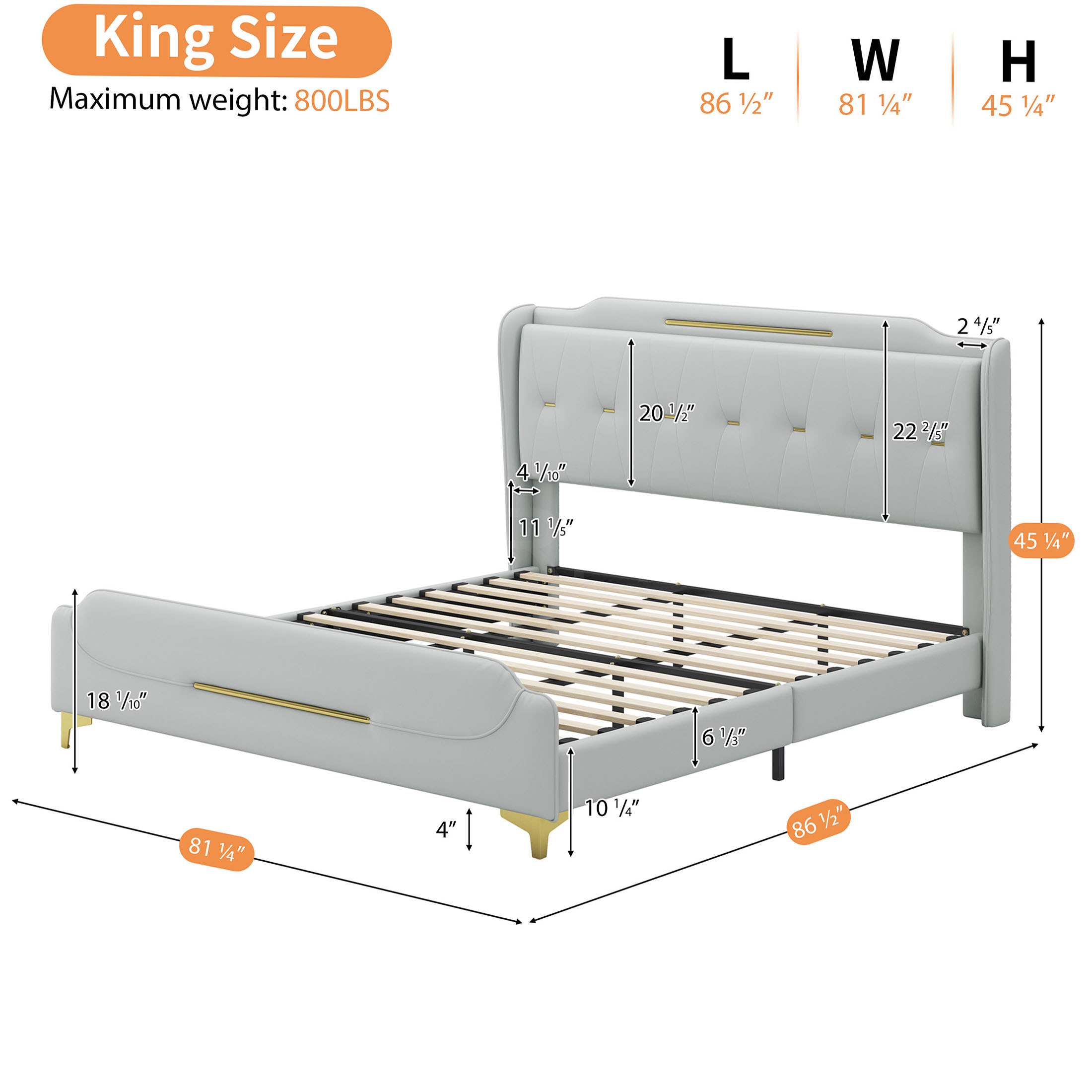 JERFIT King Size Upholstered Bed Frame with Wingback Headboard, Grey PU Leather Platform Bed with Gold Metal Accents, No Box Spring Needed