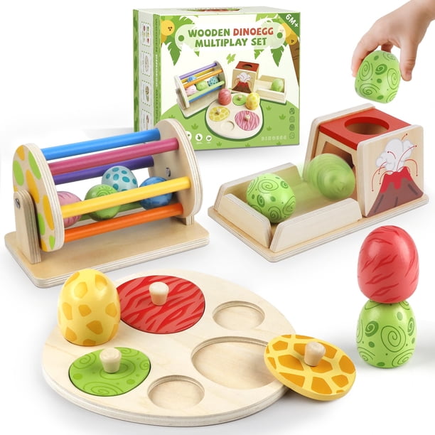 Juego de juguetes Montessori de madera con forma de huevo de dinosaurio para más de 6 meses con tambor