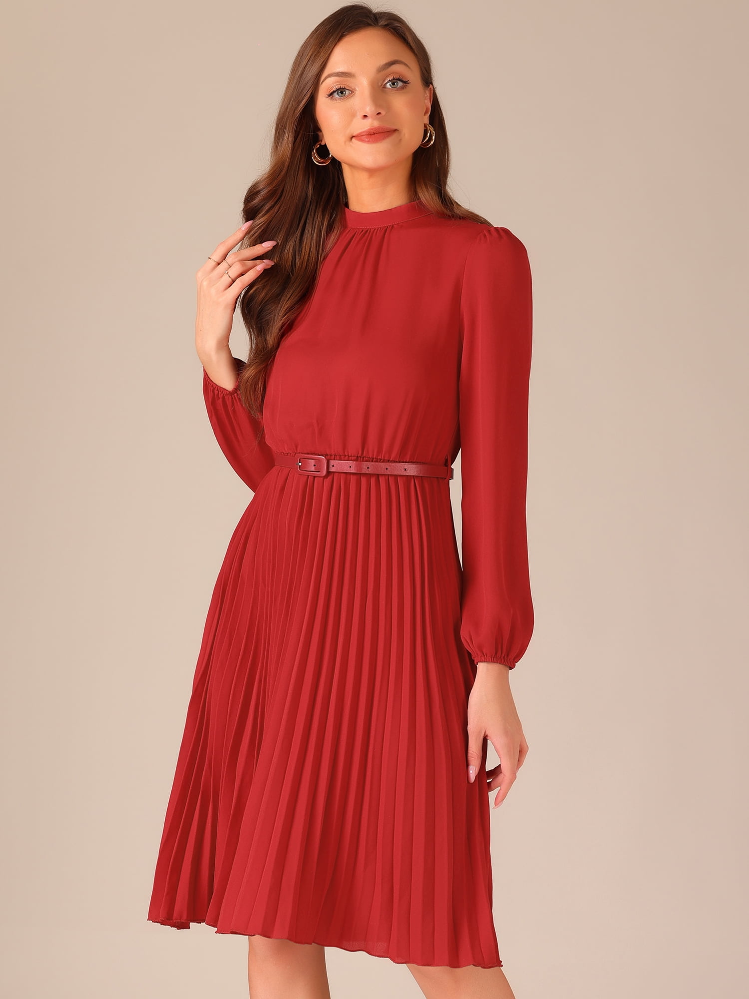 DARING DIVA Work Shirt Long Sleeve Pleated Midi Dress XL Red