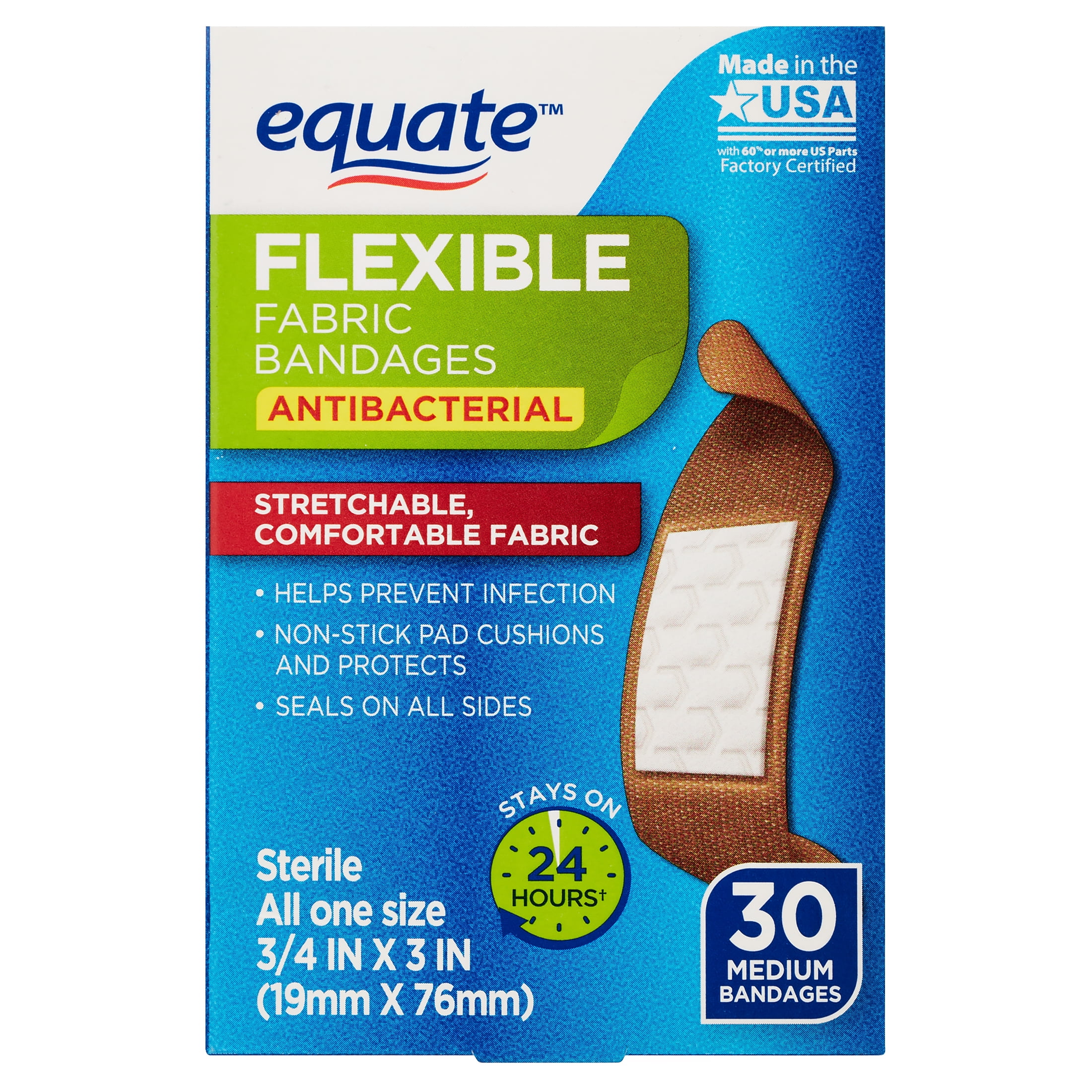 Equate Antibacterial Flexible Fabric Bandages, Medium, 30 Count
