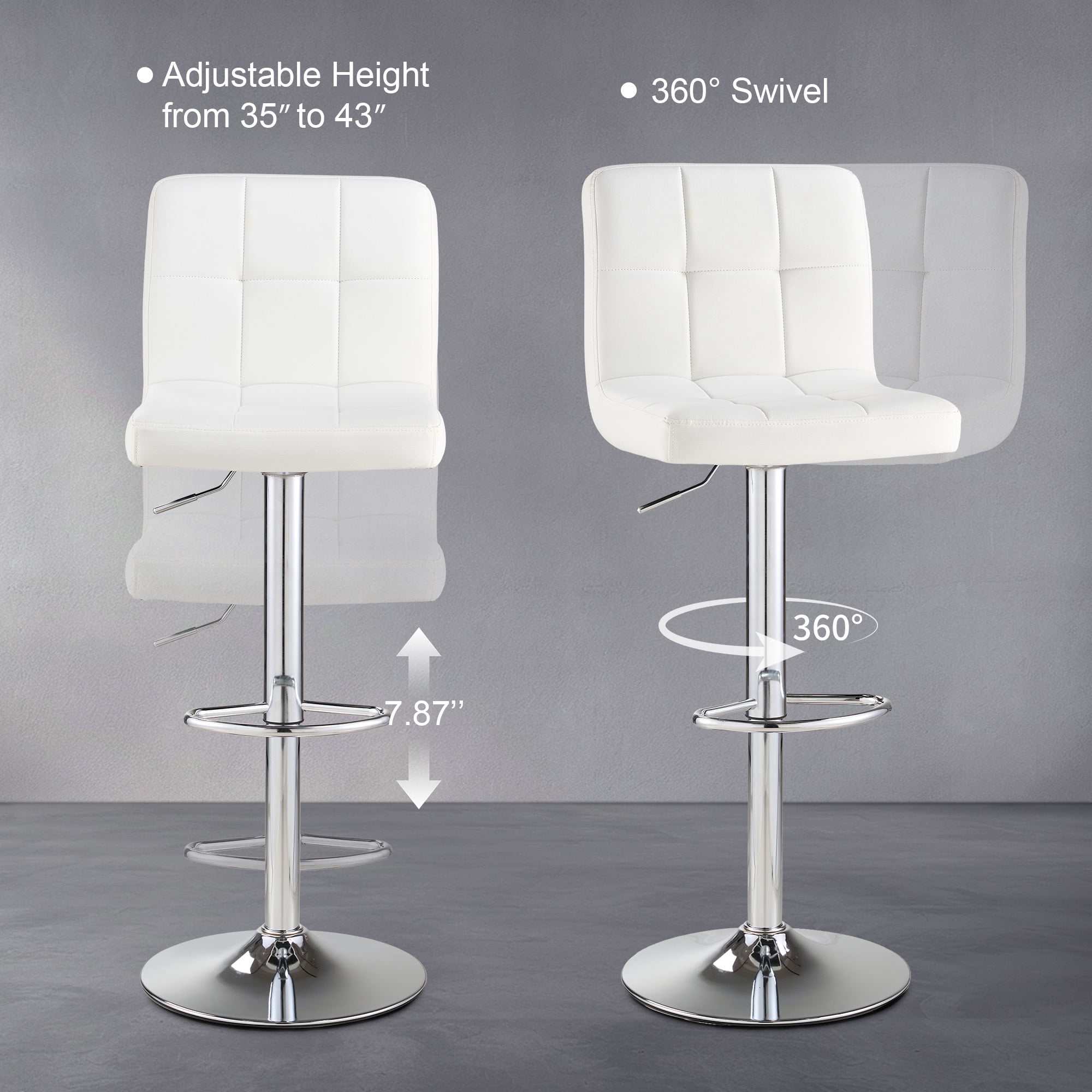 AUNEKIV Bar Stools, Thickened Seat Cushion Square Swivel Bar Stools with Back, Adjustable Counter Height Bar Chairs for Kitchen Island, Dining Room, White