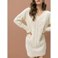 thumbnail image 5 of Womens V Neck Mini Sweater Dress Cable Knit Long Sleeve Casual Loose Fall Tunic Pullover Sweaters White XXL, 5 of 7