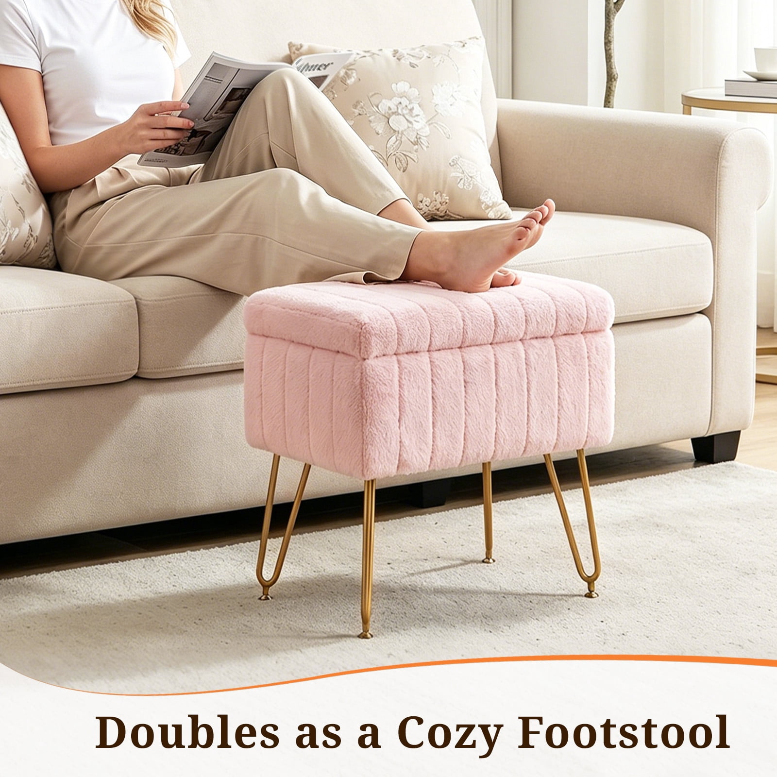Casabay Vanity Stool Chair with Storage, Faux Fur Footstool Ottoman with Metal Legs & Anti-Slip Adjustable Feet for Bedroom, Entryway