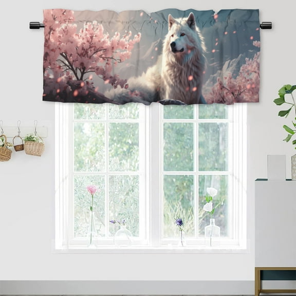 Wolf Valance Rod Pocket Window Curtain for Kitchen Wild Animals Cherry blossoms Winter Snow Mountain Window Treatment for Living Room Bedroom Bathroom 54 by 18 in, 1 Panel