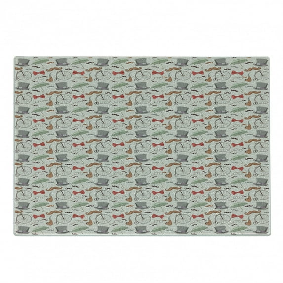 Bicycle Cutting Board, 1940s Objects of High-Wheel Bicycle Lorgnette Bow Tie Handlebar Moustache Umbrella, Decorative Tempered Glass Cutting and Serving Board, Small Size, Multicolor, by Ambesonne