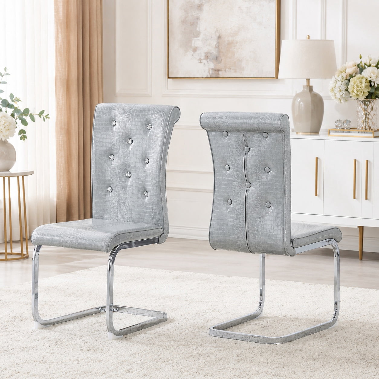 Aukfa Modern Dining Chairs Set of 2 , 400 lbs Heavy-Duty Faux Alligator Leather Kitchen Chairs with Crystal Button Tufted High Back,Gray