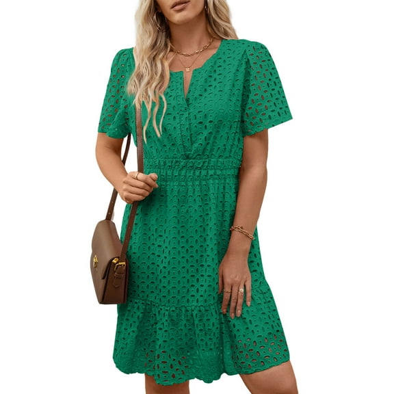 UVN Women Dress Summer Short Sleeve V Neck Dress Ladies Caual A Line Hollow Out Lace Beach Dresses