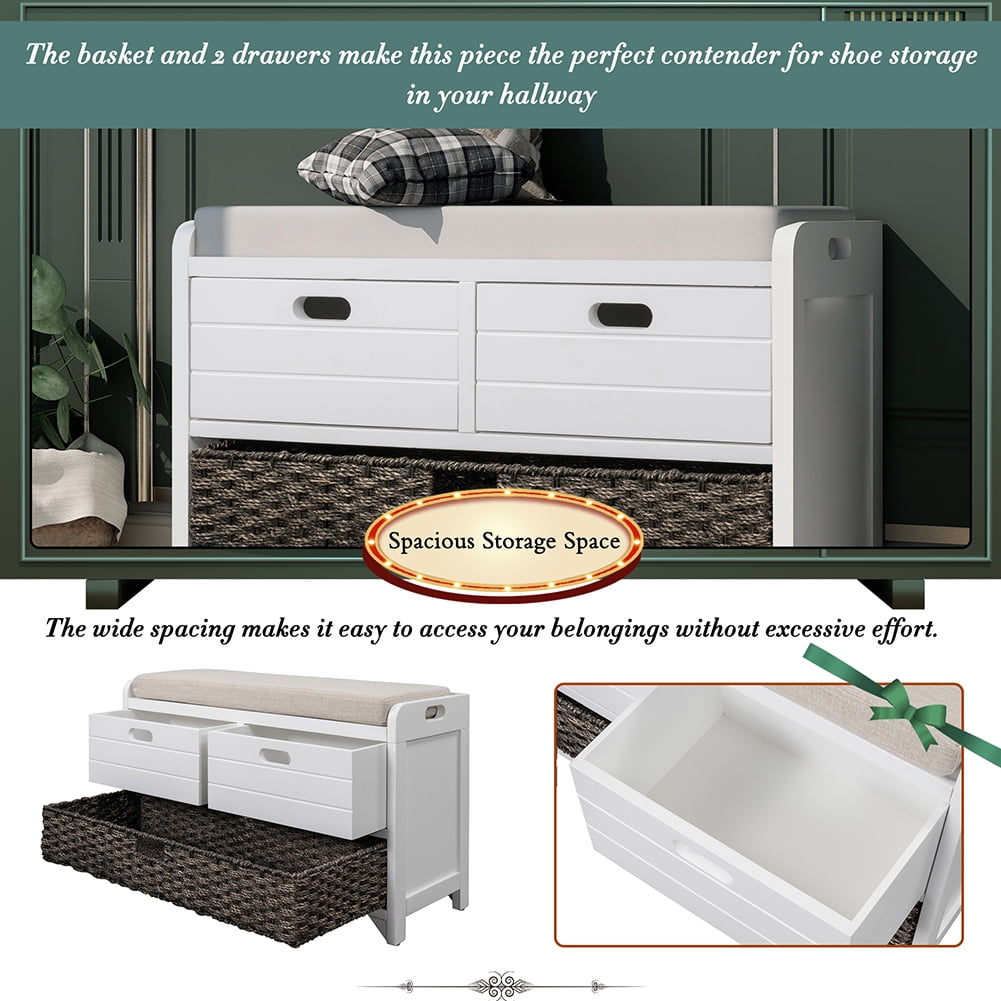Lowestbest Fully Assembled Storage Bench, Entryway Bench with Removable Basket and 2 Drawers, Shoe Bench for Hallway Entryway, White Lowestbest Fully Assembled Storage Bench, Entryway Bench with Removable Basket and 2 Drawers, Shoe Bench for Hallway Entryway, White