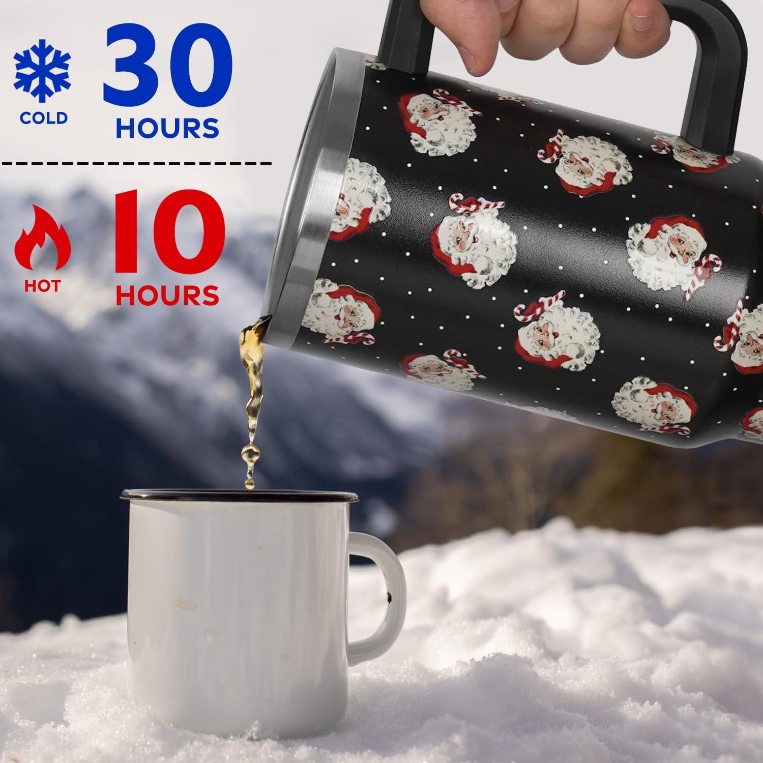 Christmas Santa Black Polka Dots Tumbler with Handle and Straw Lid 40 oz,Cute Christmas Gifts for Women Vacuum Insulated Leak Proof Tumbler,Winter Holiday Accessories Stainless Steel Coffee Cup Mug