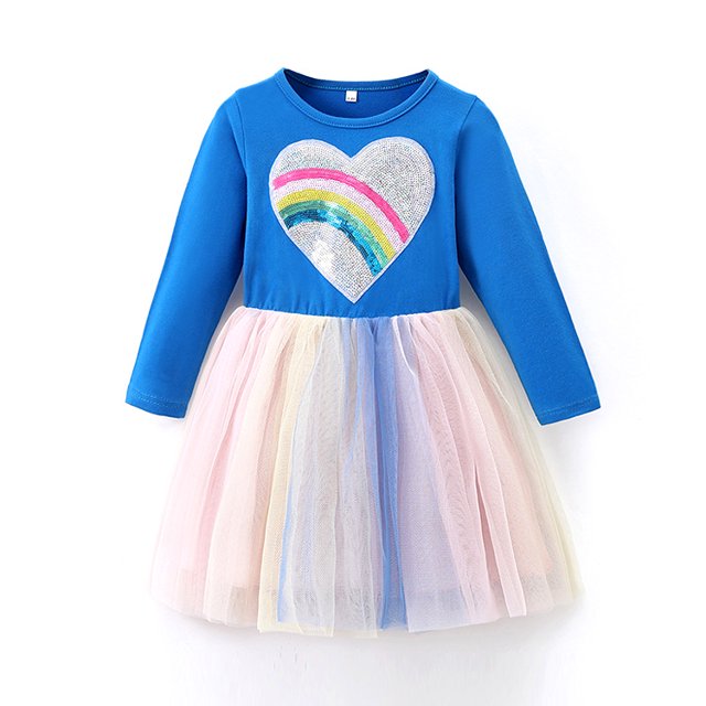 Vestido de malla de manga larga con cuello redondo para niños con diseño de moda, lindo vestido de niña con forma de corazón y perlas brillantes para el Festival del Medio Otoño