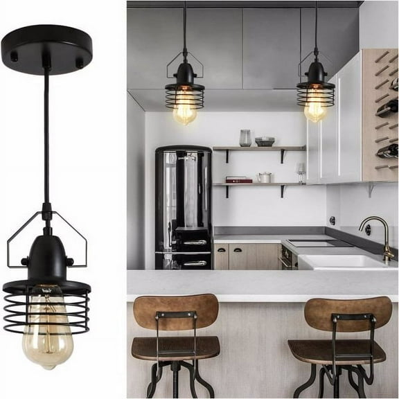 Fithood Industrial Black Pendant Light Metal Cage Pendant Lights Dining Room Hanging Lighting for Kitchen Island Living Room Bedroom Entryway Barn Farmhouse,Spring Shade,E26 Bulb（1 Light）