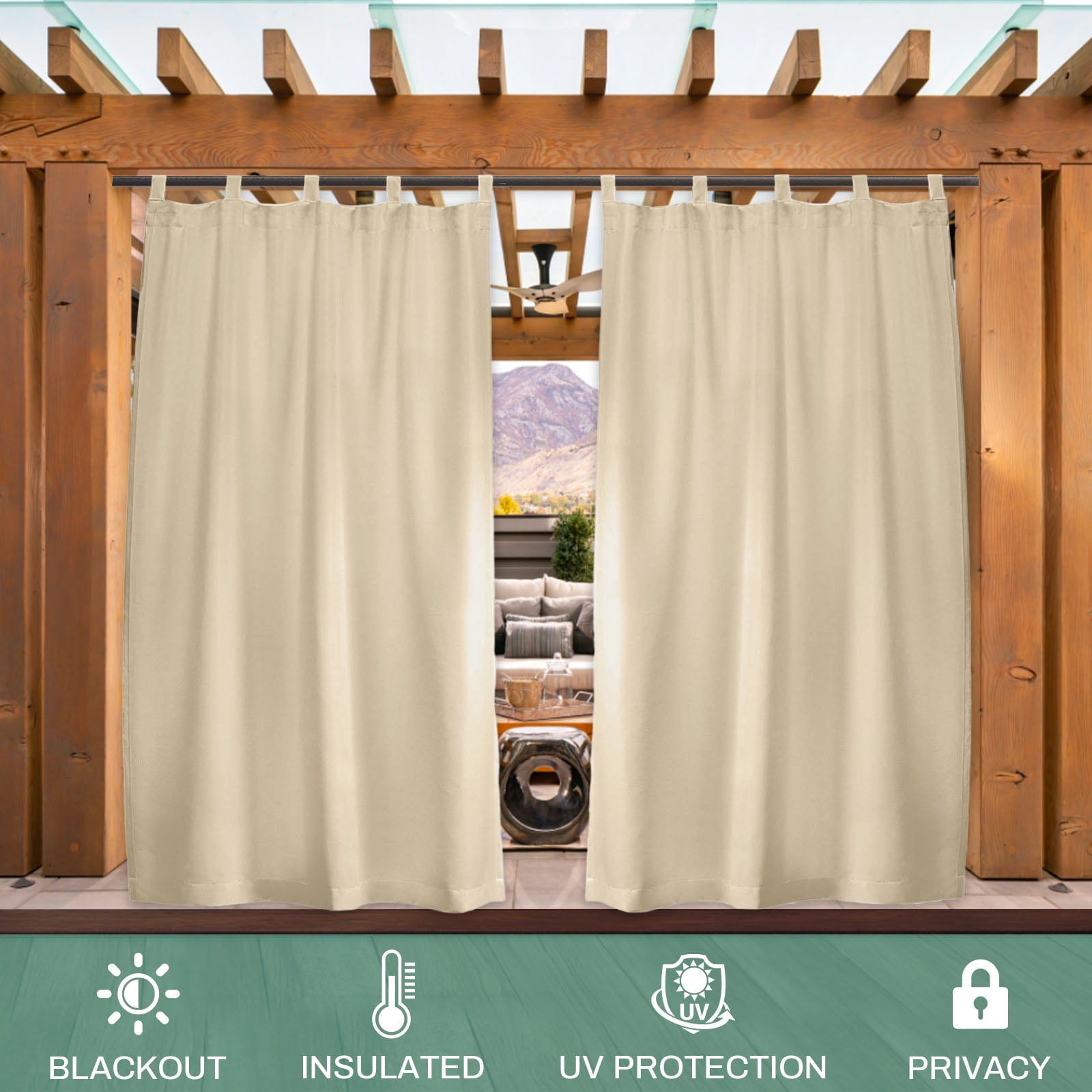 Lapalife Outdoor Patio Curtains Waterproof, Tab Top 52" x 84" Blackout Privacy Thermal Insulated Curtains for Pergola Porch, 1 Panel, Beige