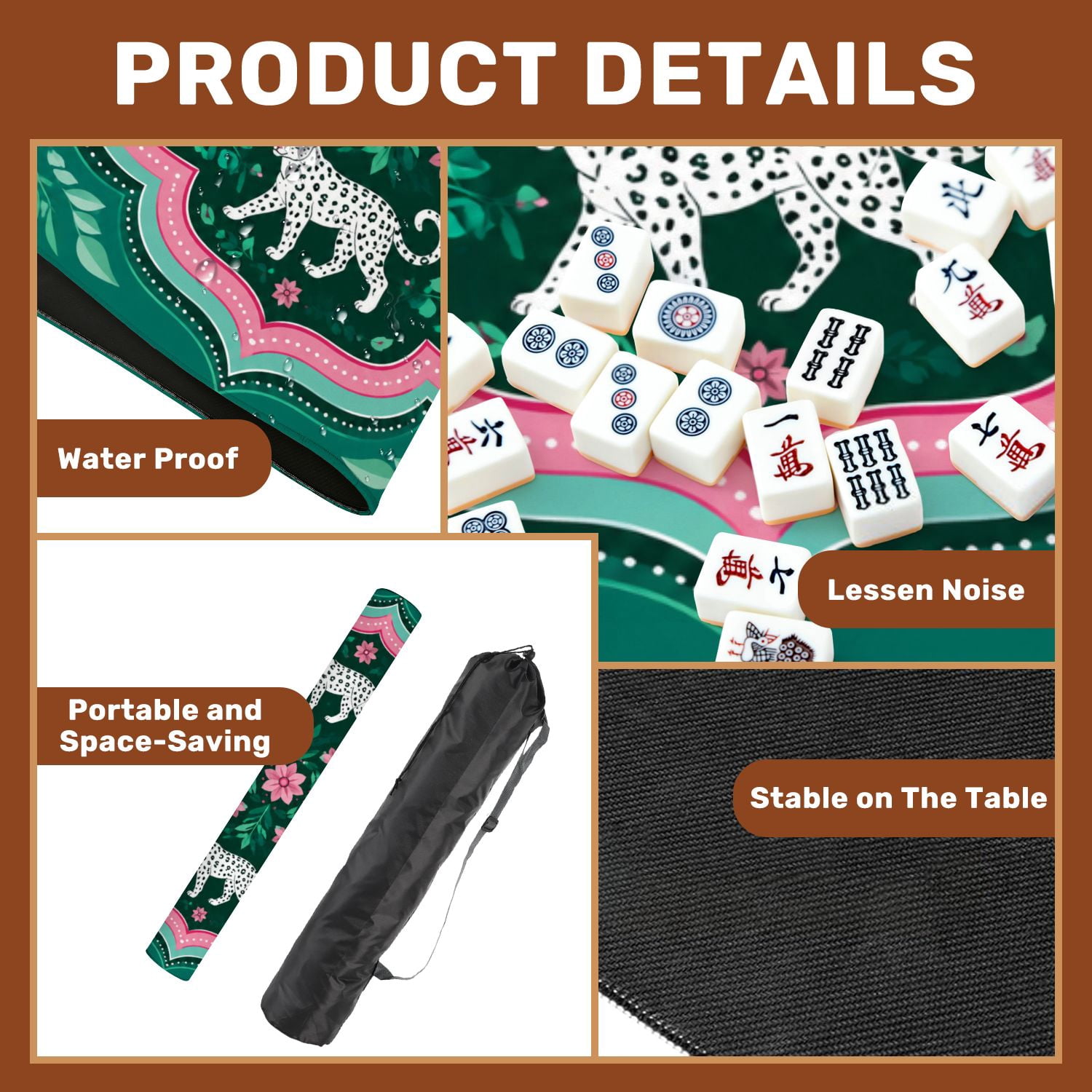 Mahjong Mat 31.5" x 31.5" White Leopards Floral Pink Green Accents Non-Slip Noise Reduction American Mahjong Tiles Table Cover for Dominoes Poker Card Board Games Gift