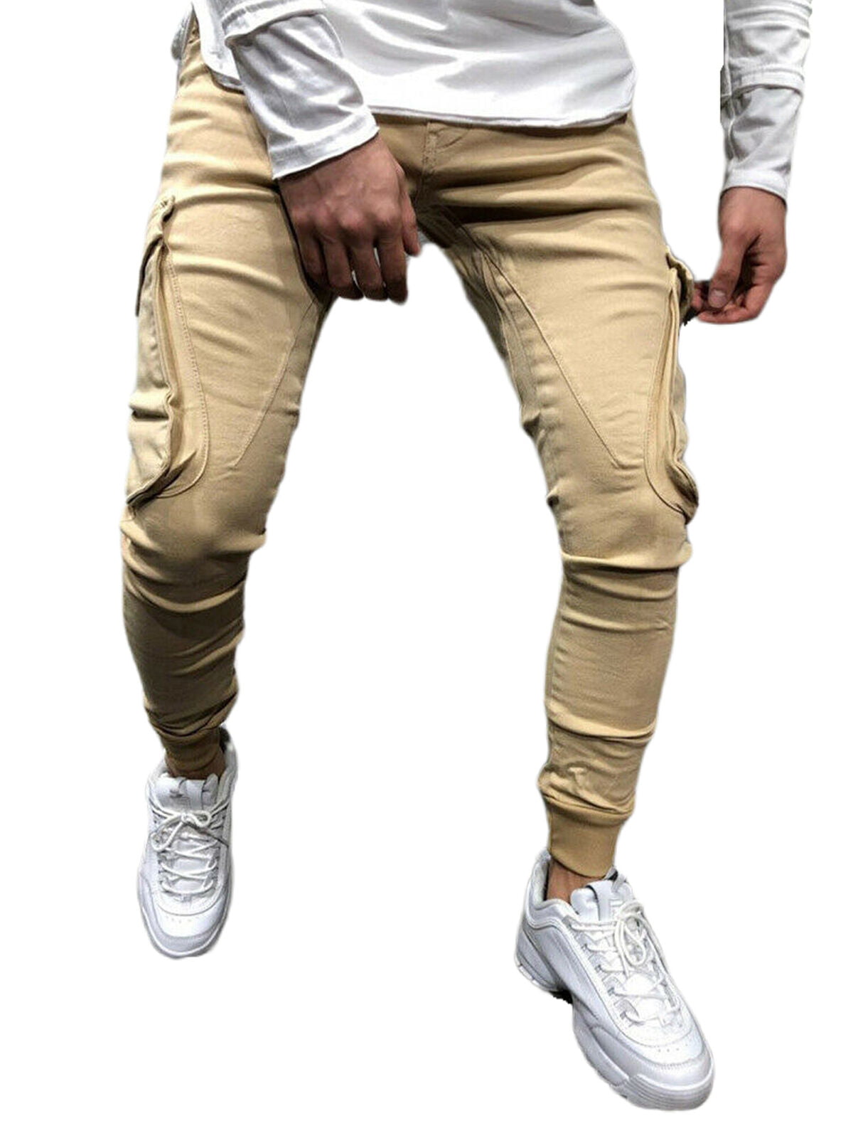 Men's Slim Fit Urban Straight Leg Trousers Casual Pencil Jogger Cargo Pans GX 