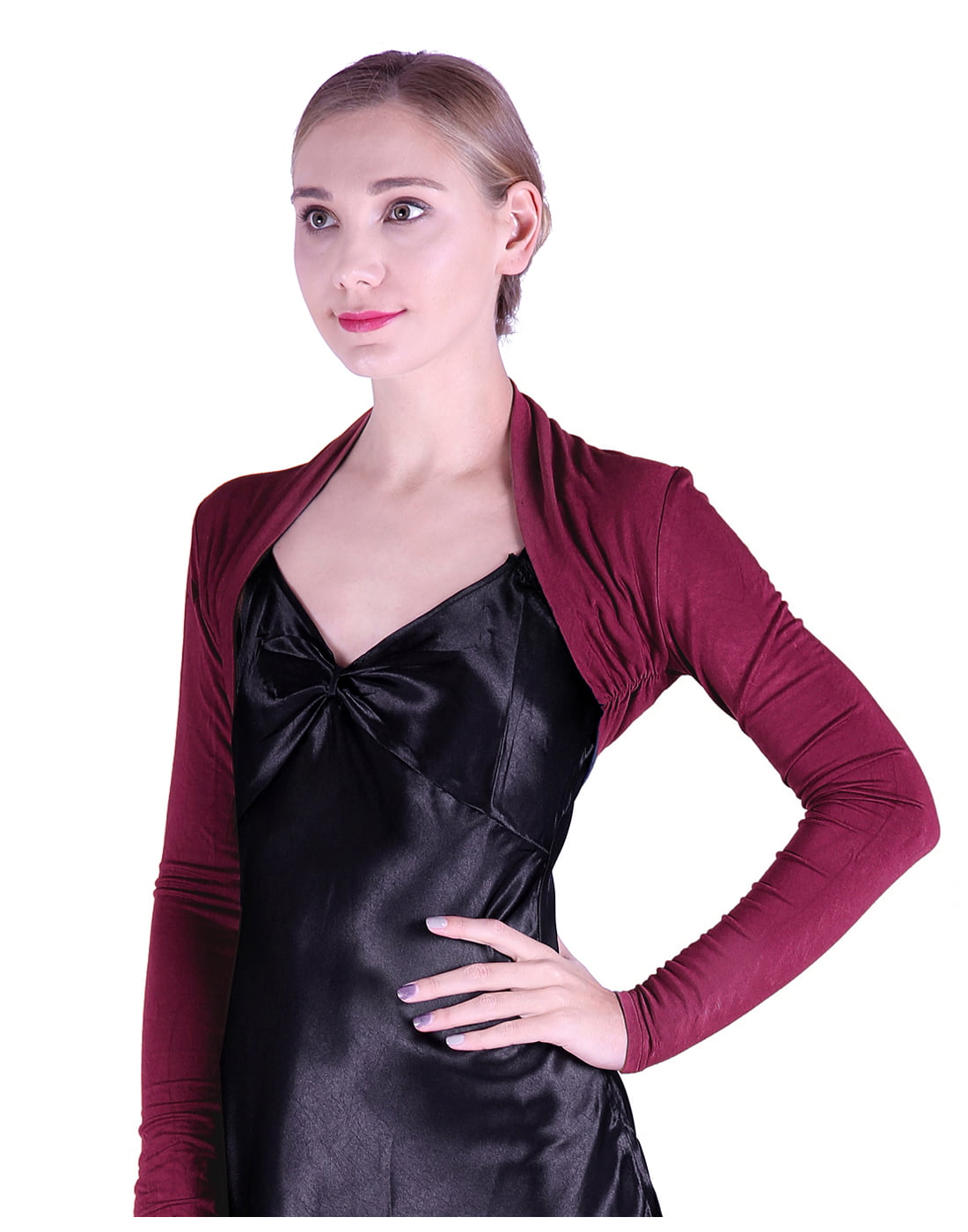 SeekMe Women's Long Sleeve Velvet Shrug for Dress Open Front Cropped Bolero Cardigan