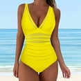thumbnail image 2 of Women One Piece Swimsuit Slimming Mesh Cut out V Neck Bathing Suit Solid Color Ruched Summer Beach Swimwear (XL, Yellow), 2 of 4