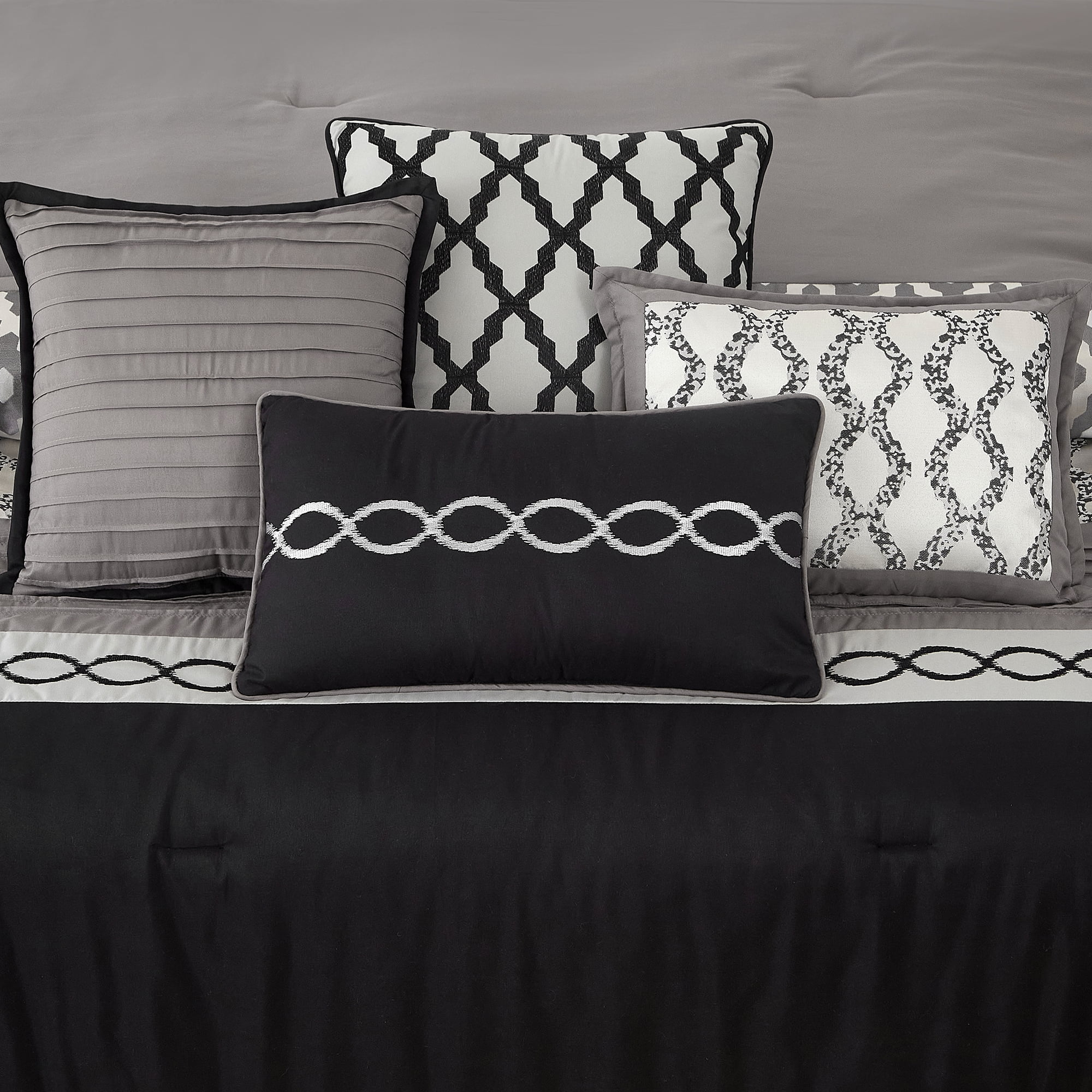 Lanco Geometirc California King Black Comforter Set, 10 Piece, Jacquard Bedding Comforters & Sets, Bedskirt, Pillows & Shams, Ultra-Soft