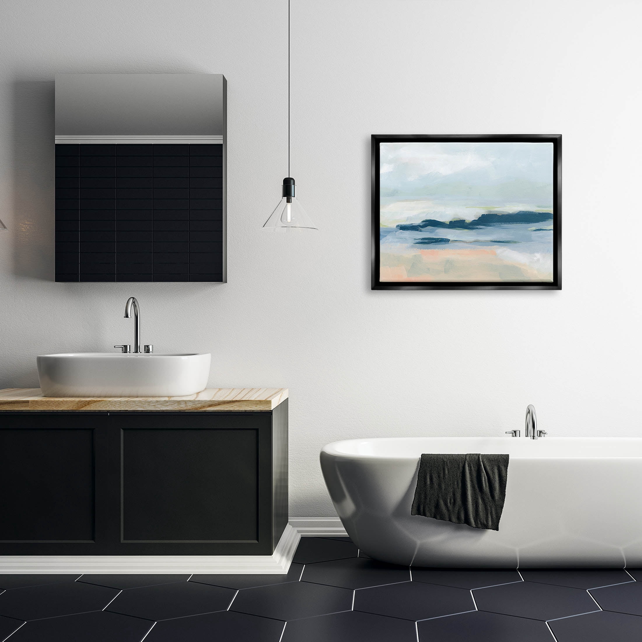 Stupell Industries Abstract Beach Coast Landscape Painting Jet Black Floating Framed Canvas Print Wall Art, Design by June Erica Vess