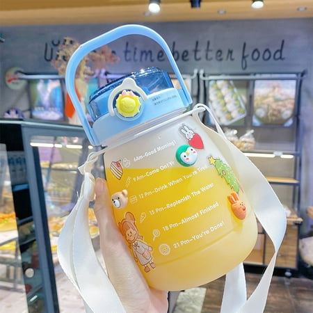 

1300ml Water Bottle Cute Girls with Stickers Straw Big Belly Cup Sports Bottle Portable Water Jug Water Kettle with Strap for Children Students Men Women Outdoor Walking Picnic