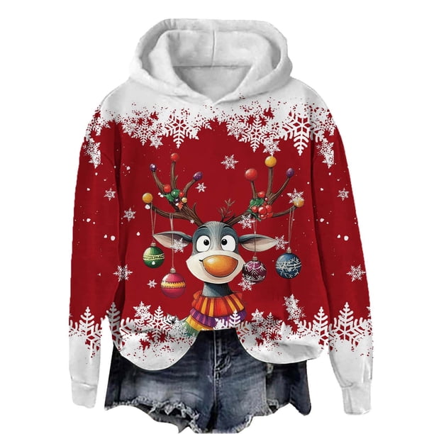 WILLBEST Sudadera Deportiva para Mujer, Estilo Casual, con Estampado Navideño de Ciervos con Cabeza Grande y Copos de Nieve, Cuello Redondo, Manga Larga y Capucha Ligera Grande