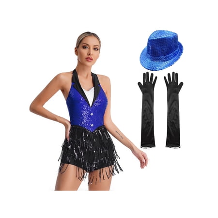 Venjoe Women s Halter Backless Glitter Sequins Fringe Bodysuit Jumpsuit Jazz Ballet Latin Dancer Blue M