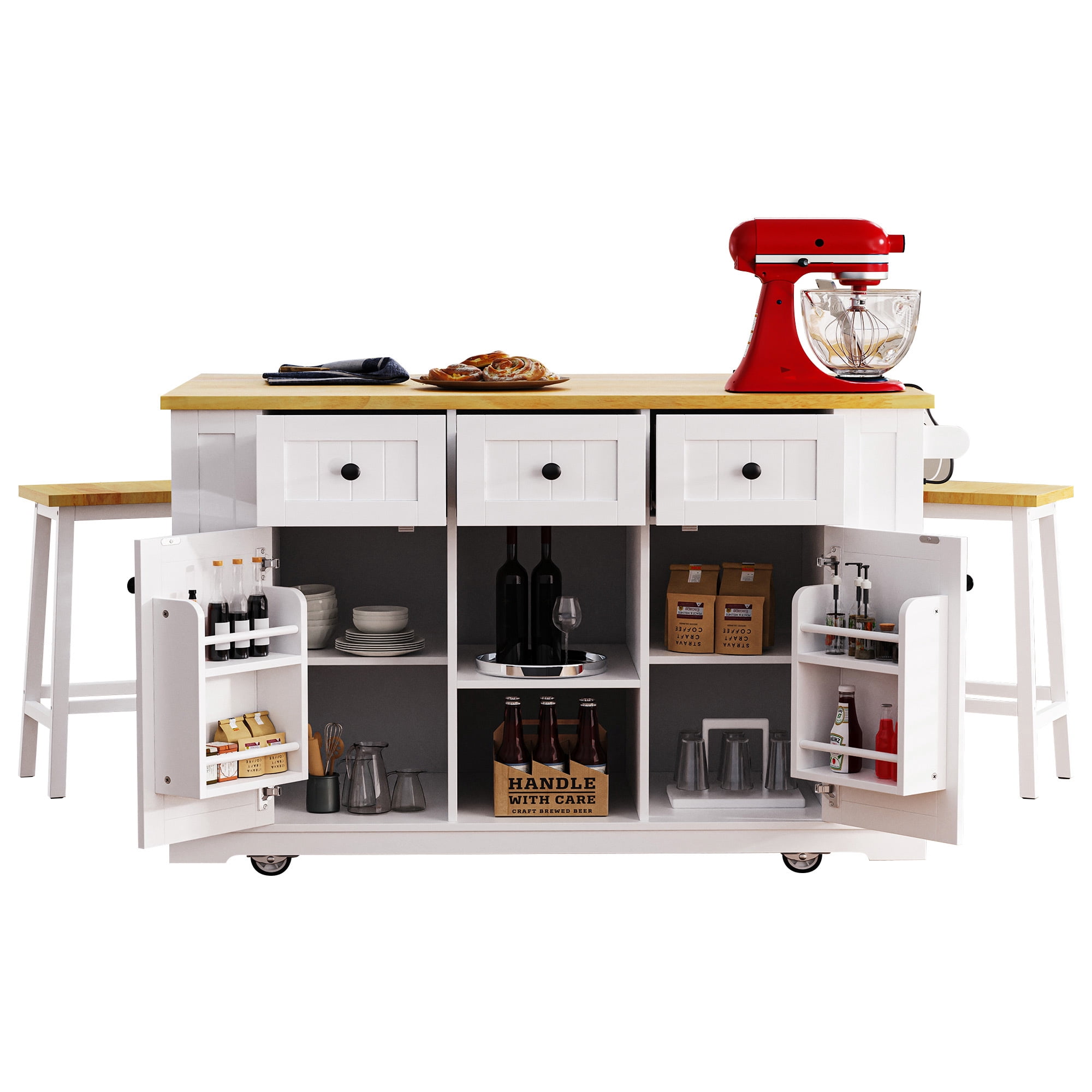 Euroco 53" Kitchen Island Cart with Power Outlet and 2 Stools, Rolling Storage Cart on Wheels with Drop Leaf, Door Internal Storage Rack  & 3 Drawers