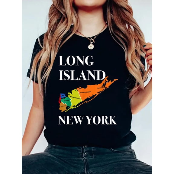 Cotton Long Island NY Souvenir Tee Native Long Islander Map NYC T-Shirt Women's Graphic Tee Casual Tops