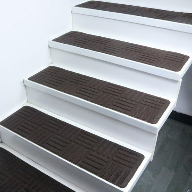 Juego de alfombras de escalera antideslizantes de 7 piezas, alfombra absorbente a rayas para escalera, autoadhesiva, lavable, cortable, silenciosa, 76x20cm/30x8in, gris oscuro/café/beige, acrílico