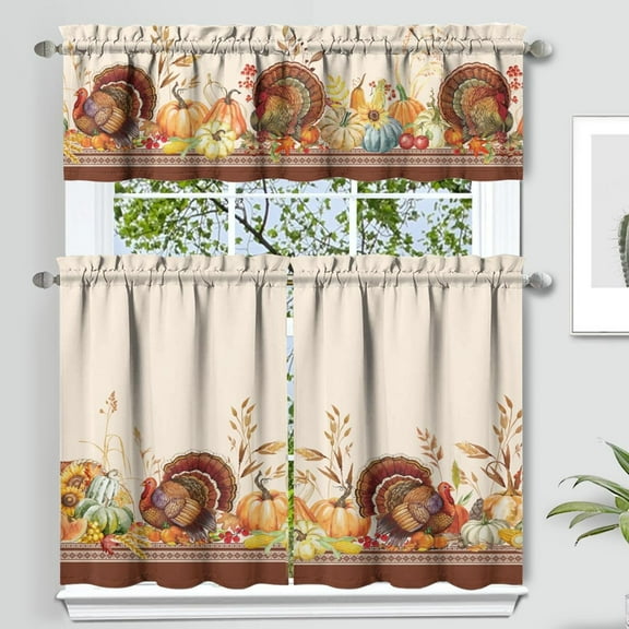 Fall Thanksgiving Kitchen Curtains Set of 3, Pumpkin Turkey Sunflower Harvest Fall Kitchen Decor,Fall Thanksgiving Curtains and Valances for Living Room Bedroom Kitchen Cafe Thanksgiving Decor 36 Inch