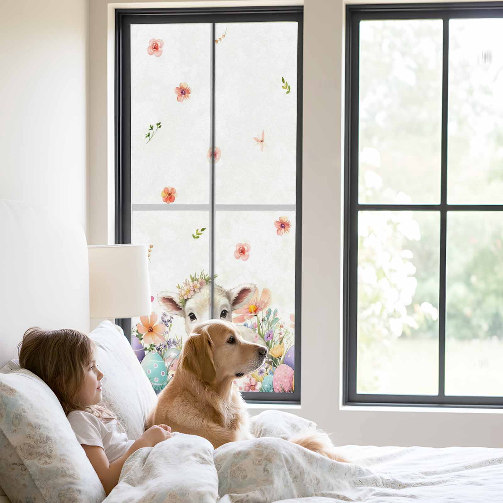 Easter Sheep Window Privacy Film, Watercolor Sheep Flowers Colored Eggs Frosted Glass Window Clings Static Cling UV Heat Blocking Reusable Door Sticker for Bathroom 23.6 x 59 Inch