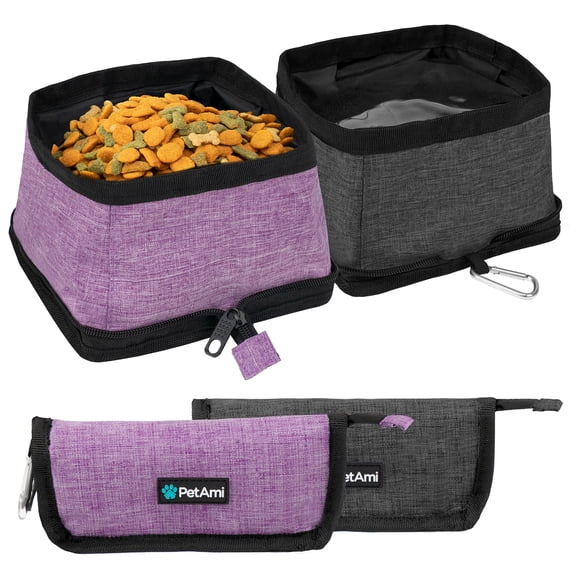 PetAmi Collapsible Dog Bowls 2 Pack, Food Water Bowls Travel Set, Purple
