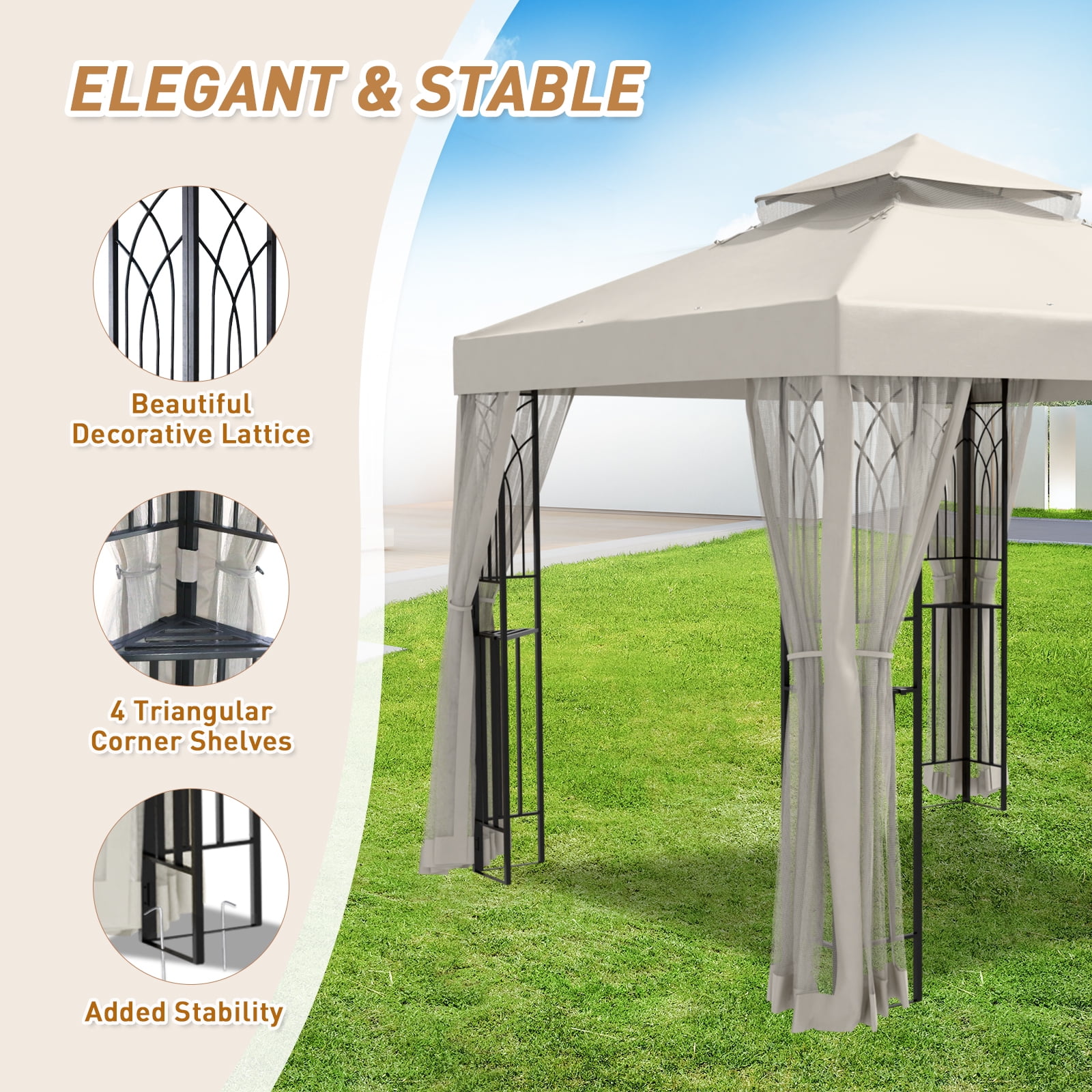 INTER HUT 8x8 Metal Patio Double Soft Roof Gazebo Outdoor Canopy Tent with Netting, Ceiling Hook, Shelves