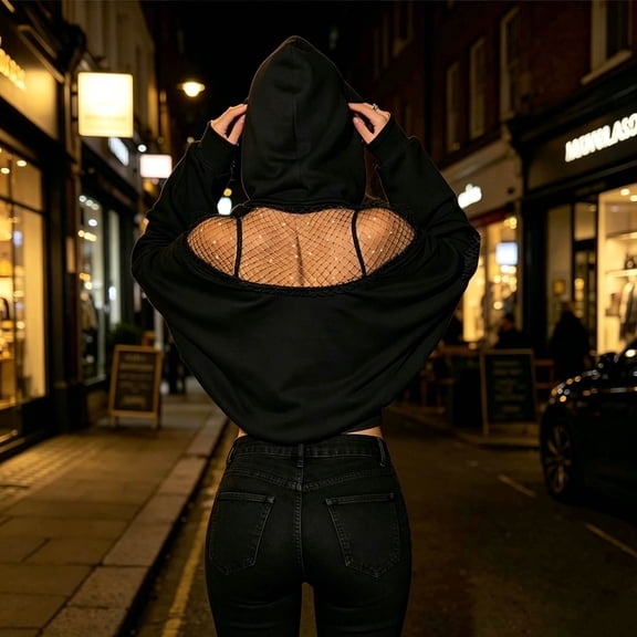 Womens Hoodies Long Sleeve Solid Backless Mesh Cutout Pullover Sweatshirt Sport Casual Wear Black L