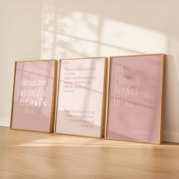 Blush Christian Wall Art God’s Timing Bible Verse Pink Bedroom Decor Isaiah 60:22 Art Set 3 Unframed Paper Print 8x12
