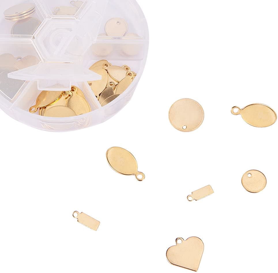 72 Pcs 6 Styles 304 Stainless Steel Flat Blank Stamping Tag Pendants Charms for Earring Bracelet Jewelry Keychain DIY Craft Making Golden
