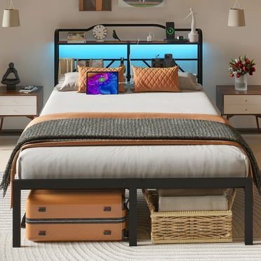 NISIEN Queen Size Bed Frame with LED Storage Headboard & Charging Station, Metal Platform Bed, Black