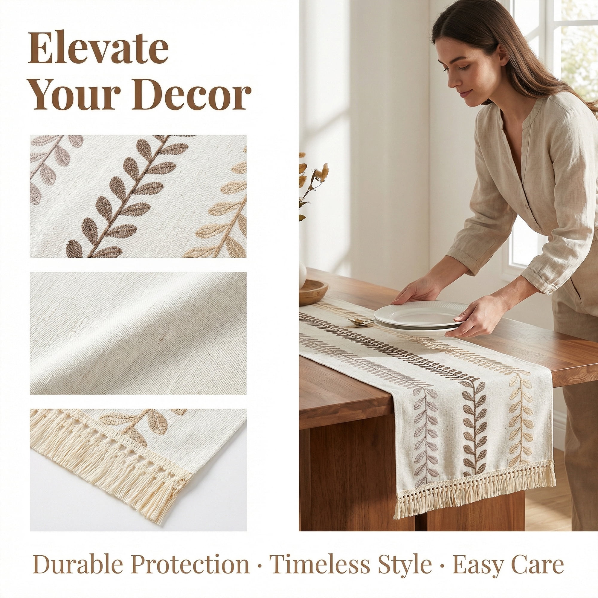 Unique Bargains Polyester Floral with Tassel Table Runner for Decor Brown 15.4"x63"