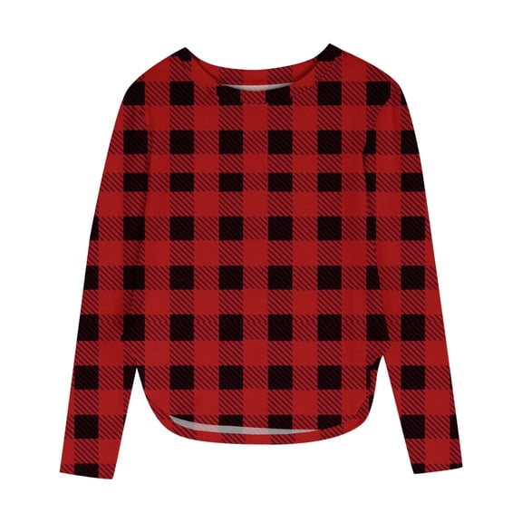 Ltctricy Girls' Tunic Tops Long Sleeve Crew Neck Curved Hem Plaid T-Shirts Soft Casual Tee Blouses for Children 3-12 Y(Red,11-12 Years)