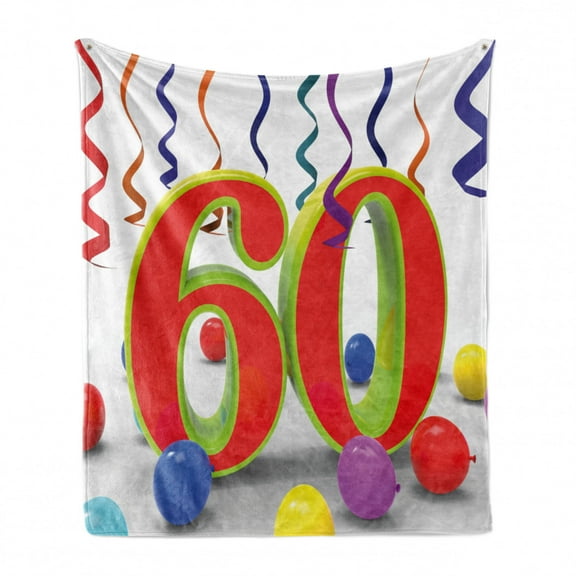 60th Birthday Soft Flannel Fleece Throw Blanket, Party Swirls with the Baloons Ribbons and Green Orange 60 Number, Cozy Plush for Indoor and Outdoor Use, 70" x 90", Multicolor, by Ambesonne