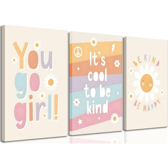3 Pcs Boho Nursery Canvas Wall Art Inspirational Daisy Girls Be Kind It''s Cool Colorful Painting Picture Wall decor Poster Print Artwork for Girl Baby Room Kids Room Home Decoration