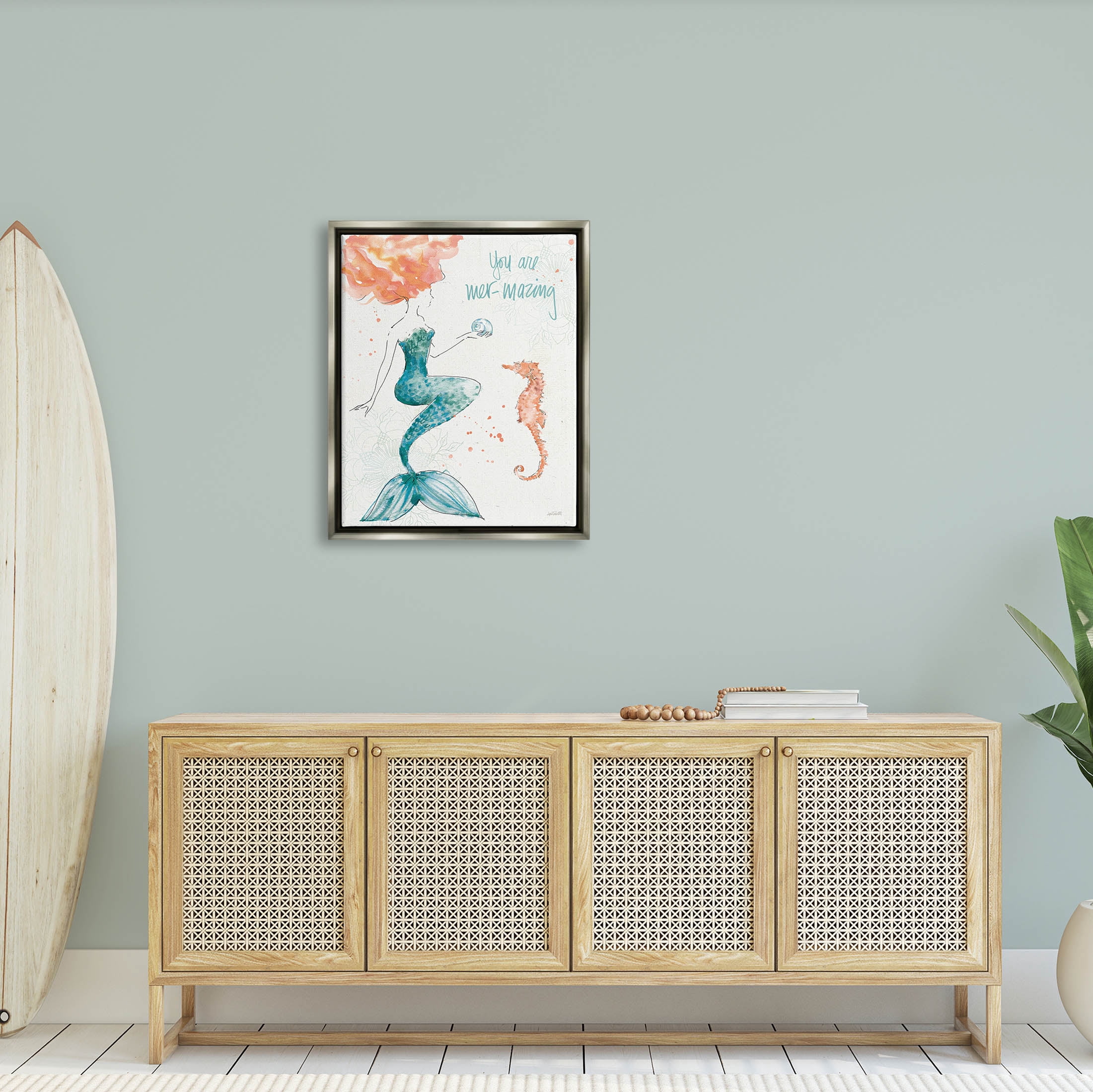 Stupell Industries Mer-Mazing Uplifting Mermaid Phrase Graphic Art Luster Gray Floating Framed Canvas Print Wall Art, Design by Anne Tavoletti