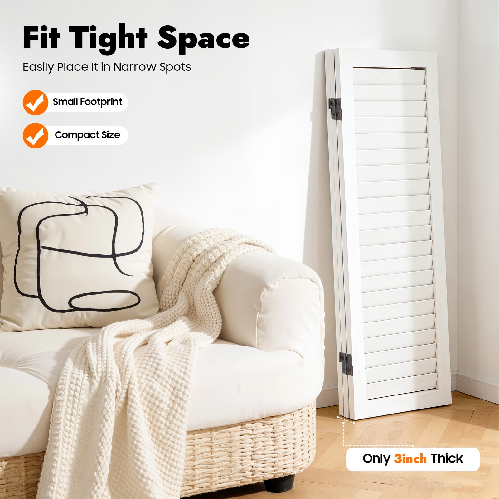 Wood Room Divider 3 Panel, Short Folding Privacy Screen 31.9in Tall, White Freestanding Room Partitions for Office, Bedroom, Home