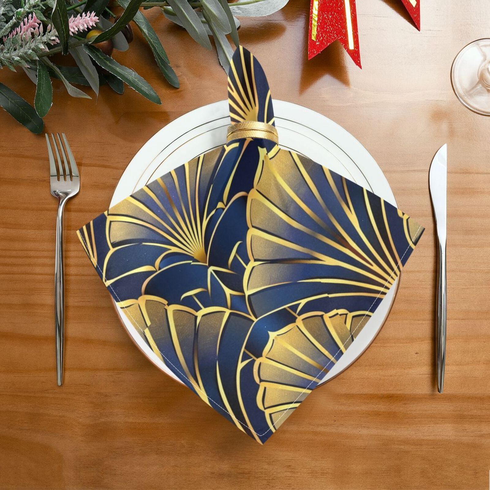 JSTEL Abstract Gold Fan Cloth Napkins Set of 6, 20x20 Inch Washable and Reusable Napkin for Decoupage Dinner Party Everyday Use