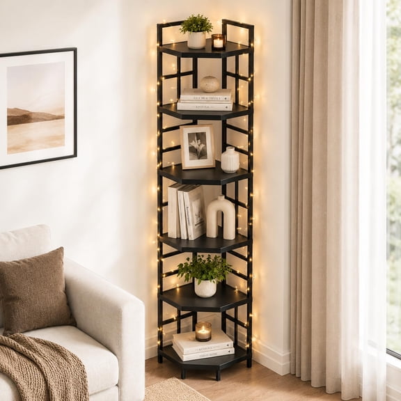 Naturoasis Corner Shelf, 6 Tier Industrial Corner Bookshelf Bookcase, Black