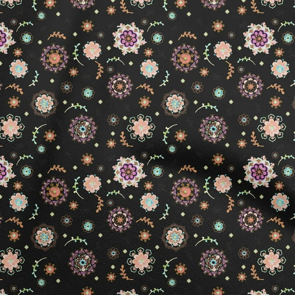 oneOone Polyester Spandex Black Fabric Asian Suzani Sewing Material Print Fabric By The Yard 56 Inch Wide