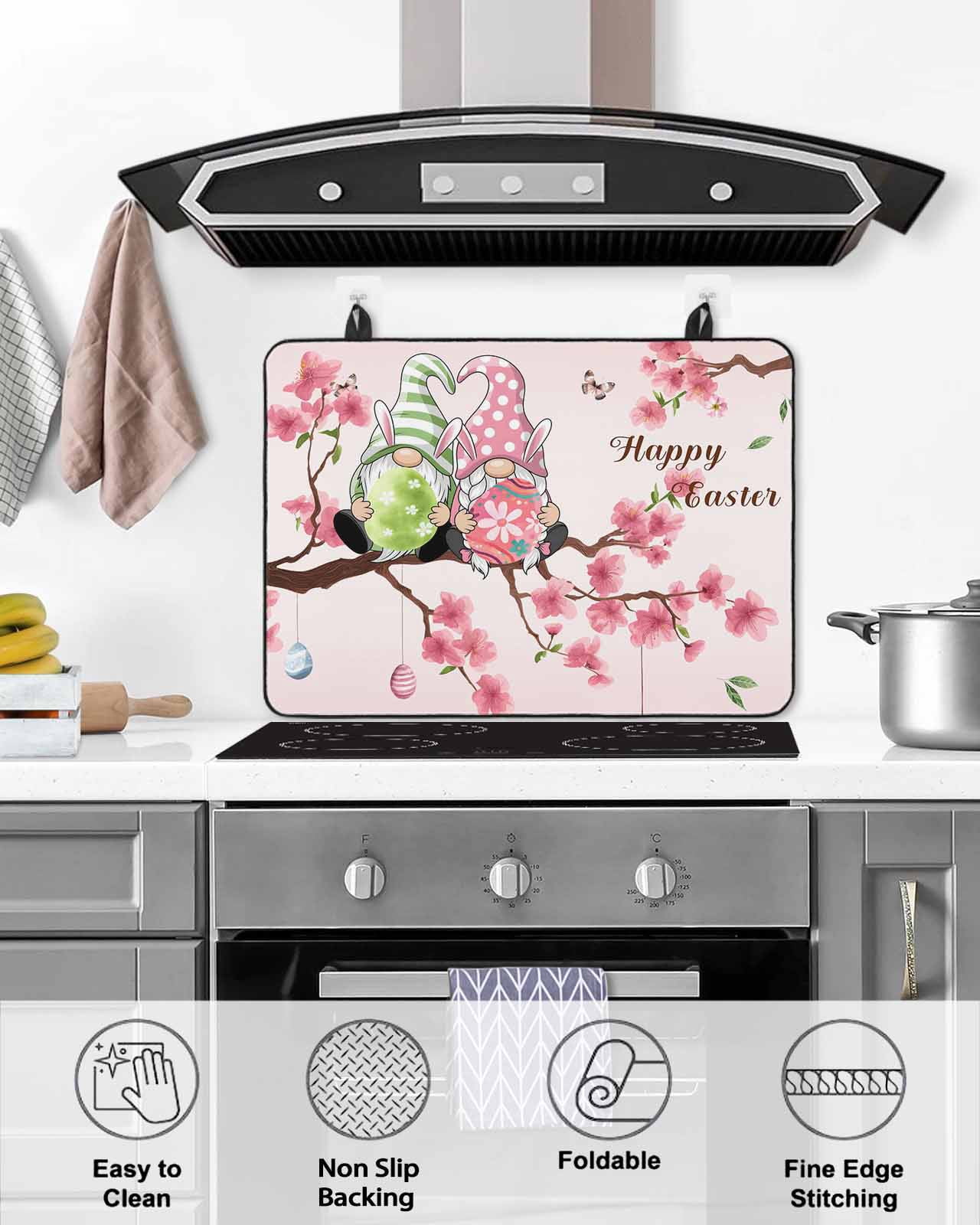 Large Induction Cooktop Protector Mat Happy Easter Stove Top Covers for Electric Stove, Pink Spring Gnomes Eggs Flower Branch Rabbit Decorative Stove Burner Cover Mats, Glass Top Stove Cover